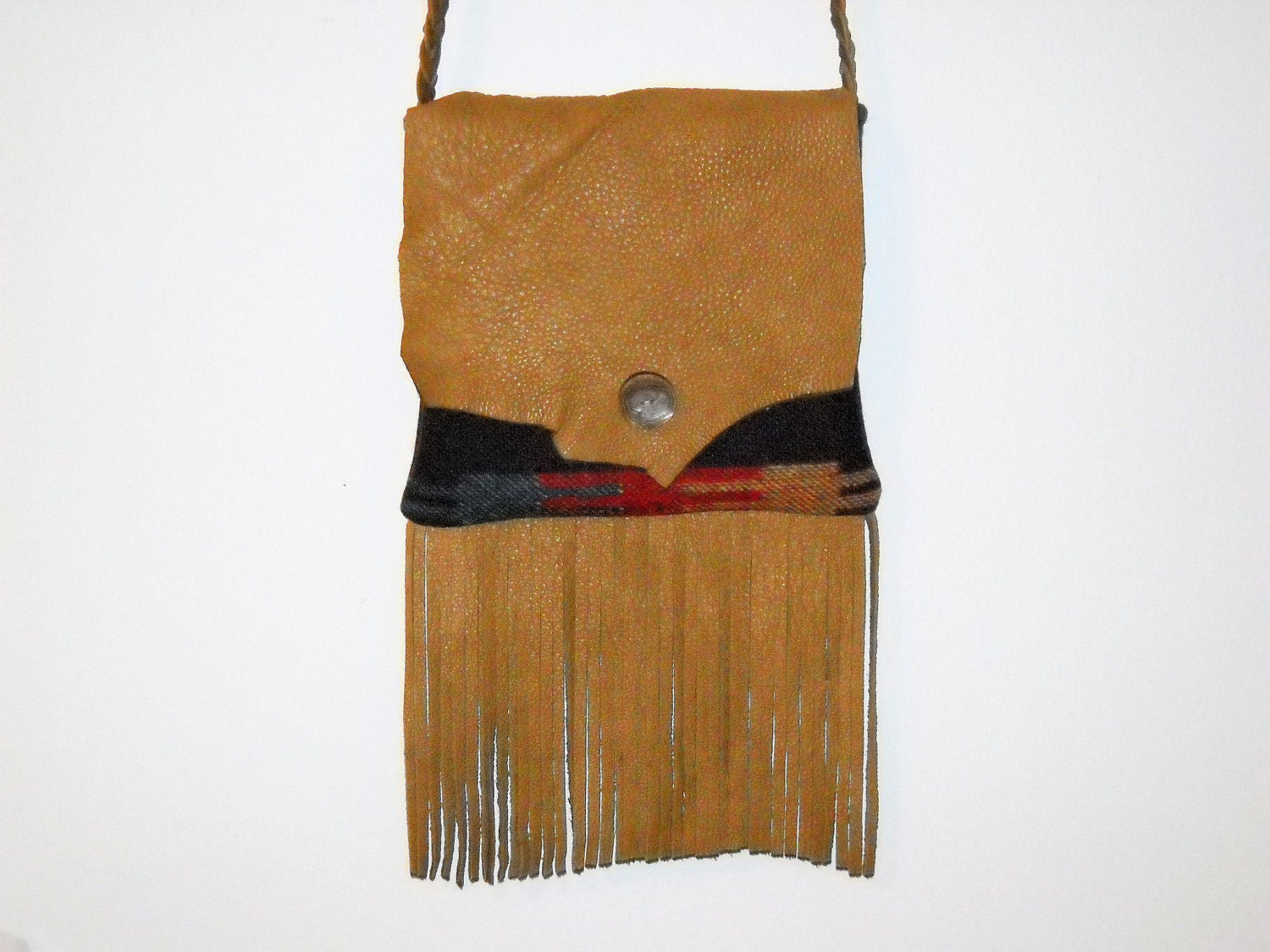 Pendleton Wool Southwestern Geometric Deep Blue and Red Purselet / Messenger with Elk Fringe - Small