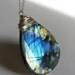 Labradorite Statement Necklace, Sterling Silver, Big Colorful Gemstone Jewelry, Amber Orange, Teal, Blue