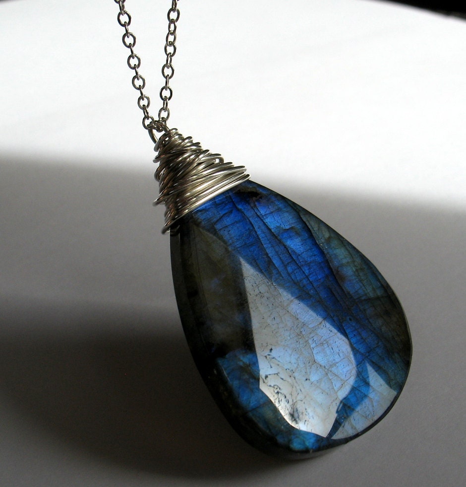 Labradorite Statement Necklace, Sterling Silver, Indigo Blue Azure, Big Gemstone Jewelry