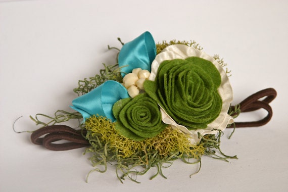 Nature Inspired Green Grass Photography Prop Headband featuring Moss felt roses turquoise ribbonand Vintage Bling Accent