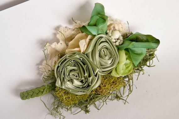 Nature Inspired Green Grass Photography Prop Headband featuring Moss and Vintage Bling Accent