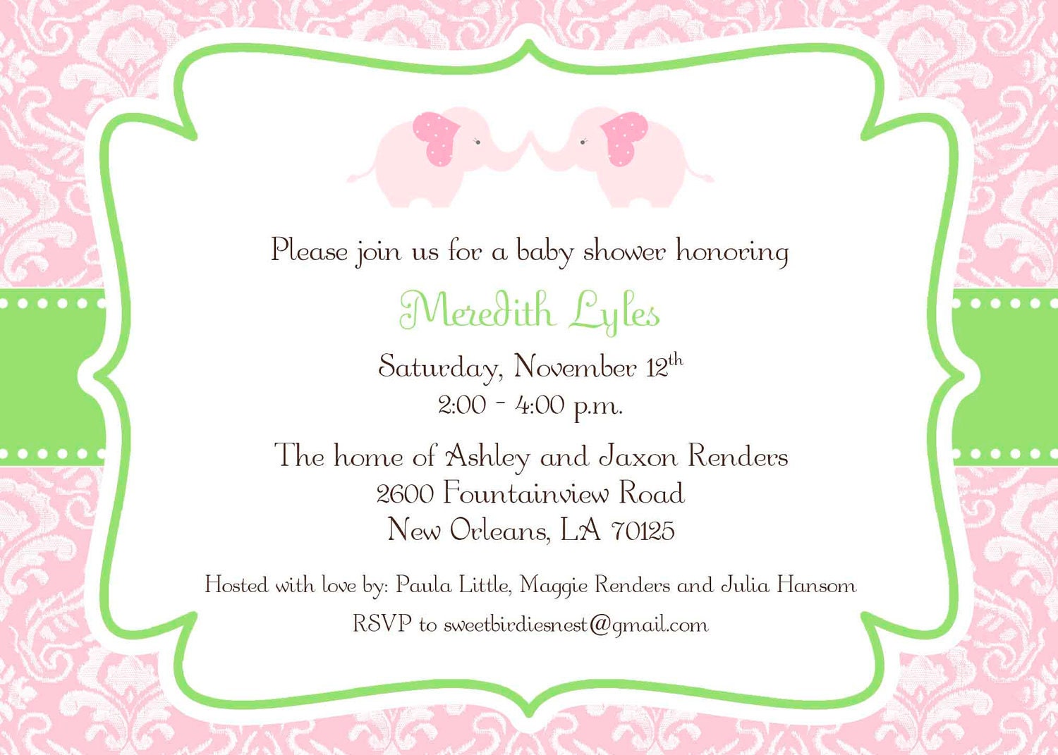 Pink and Green Elephant Baby Shower Invitation