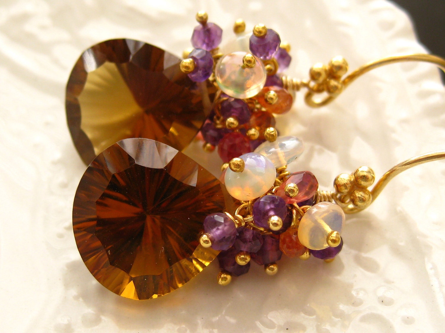 Cognac Quartz, Ethopian Opal, Sapphire earrings-Tropical Sunset