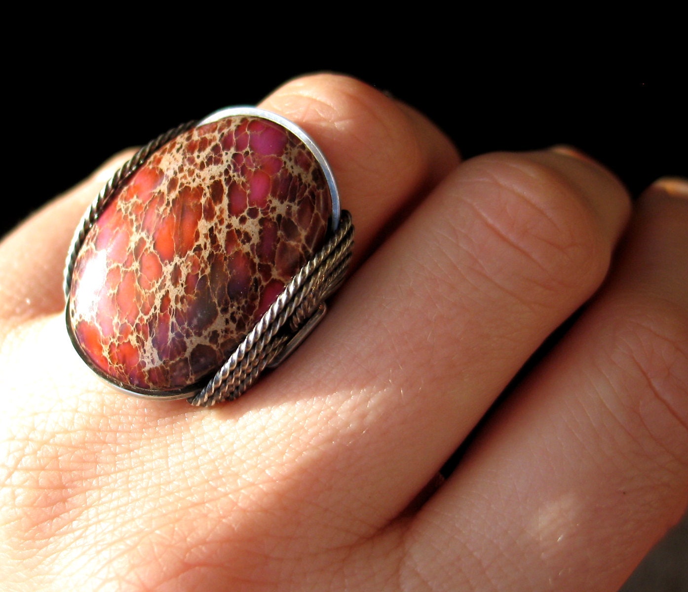 Pink & Red Jasper Ring, Dark Fuschia Stone, Sterling Silver Wire, Stunning Statement