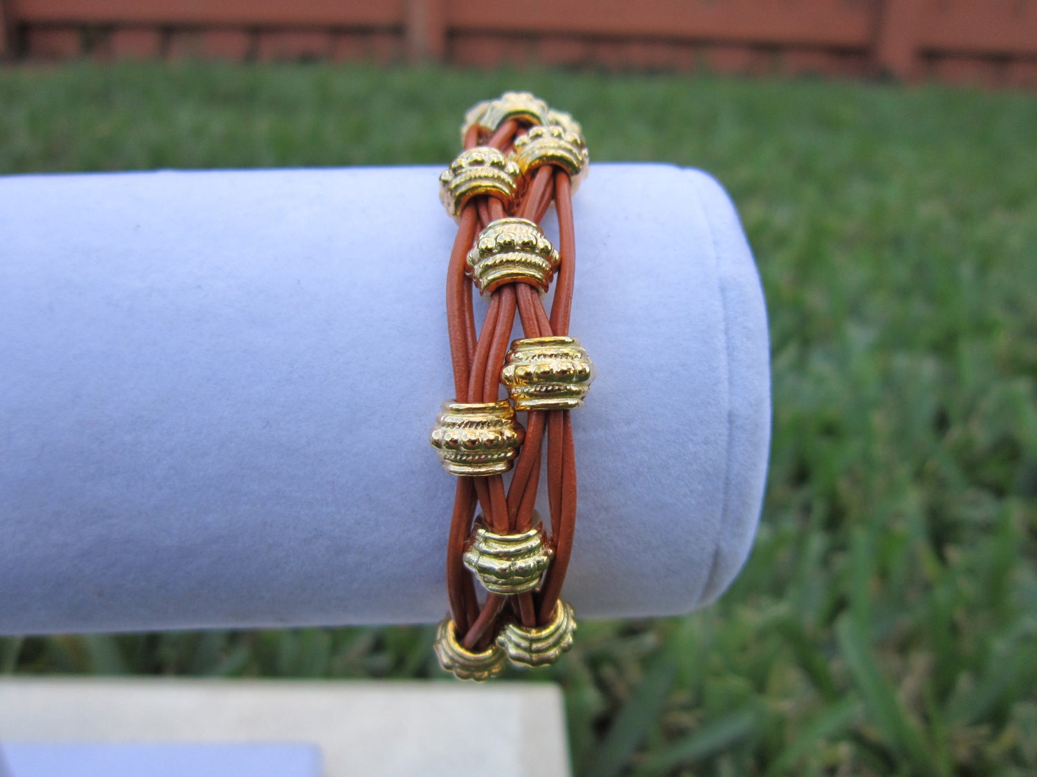 Multistrand Brown Leather Bracelet with Woven Gold Plated Decorative Beads