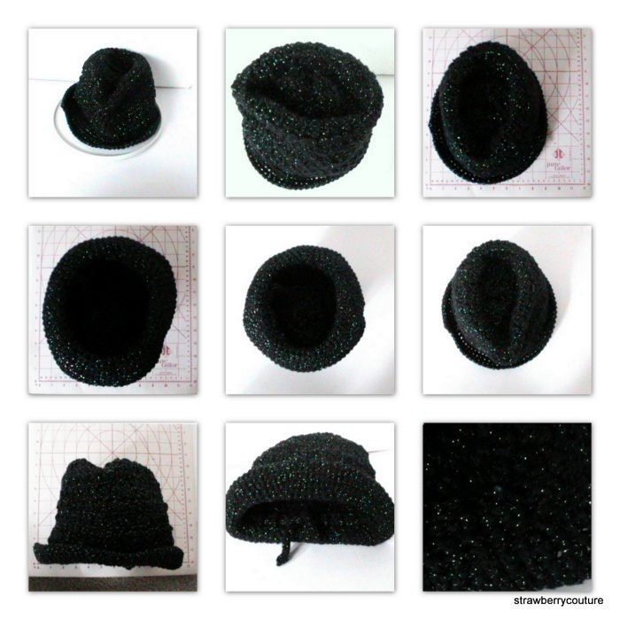Womens Crochet Hat - Crochet Fedora Hat - Cotton Hat for Women in Black Green Sparkles - Spring Accessories - All Head Sizes Spring Fashion