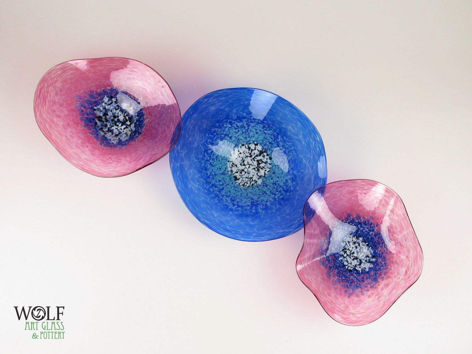 Blown Glass Flower Wall Art Collection Set of Three Bright Poppy Flowers Fuchsia Pink and Sapphire Blue