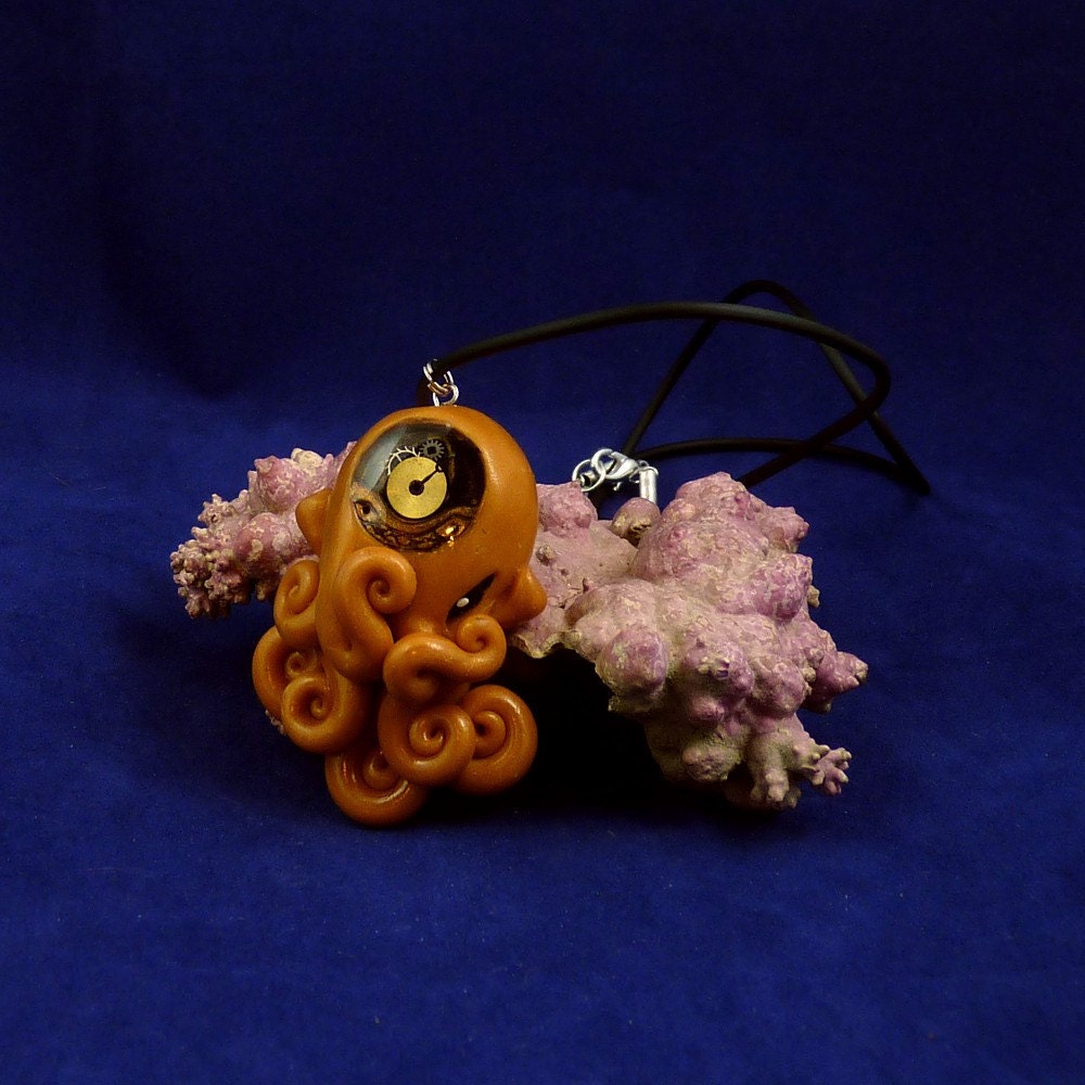Brass Steampunk Octopus Necklace - Polymer Clay Neo-Victorian Jewelry