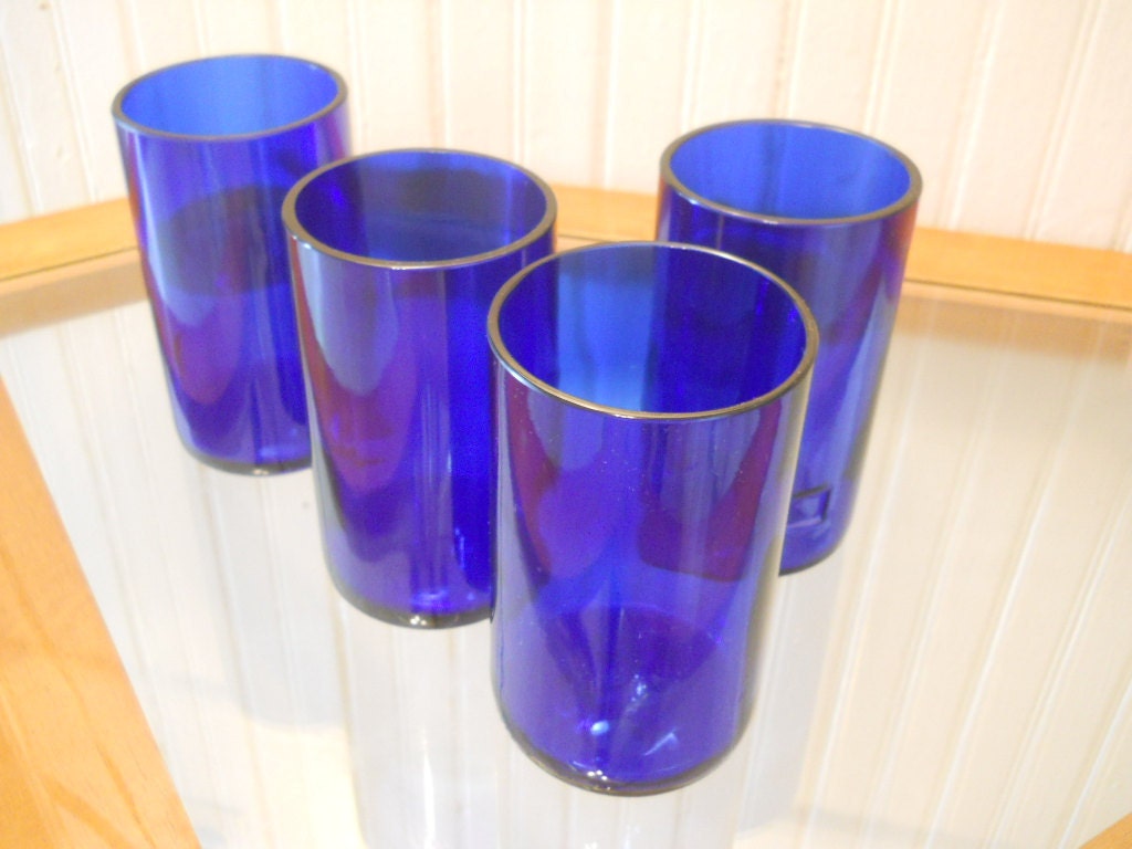 4 Recycled Cobalt Blue Skyy Bottle Tumblers 5 Inch Upcycled and Repurposed Eco Friendly Housewares