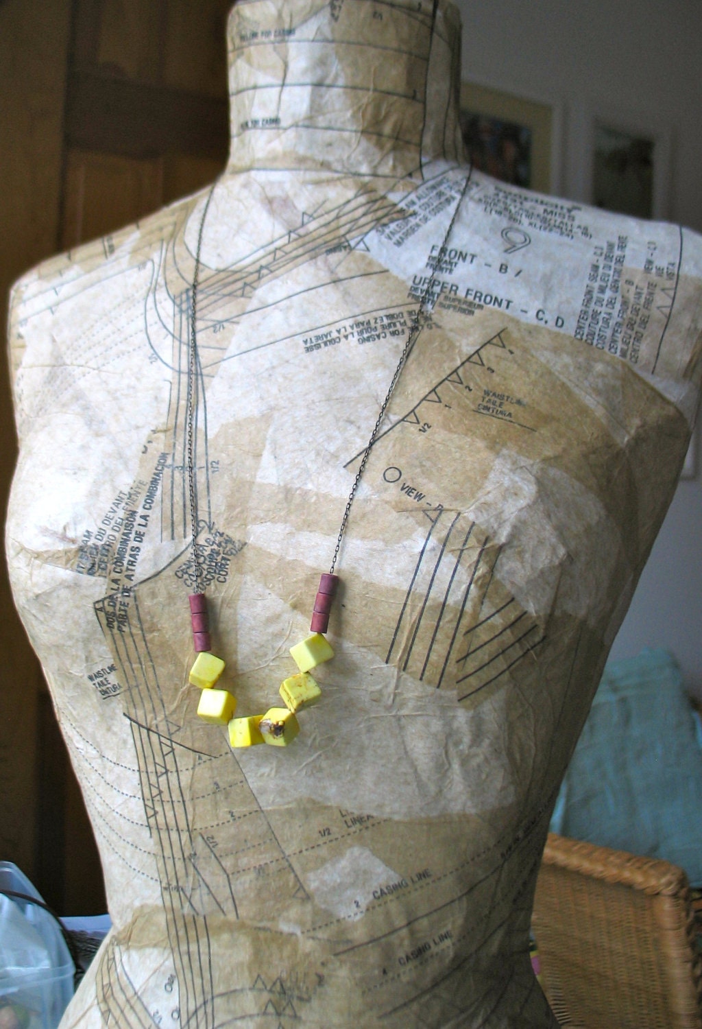 yellow and cranberry geo beaded magnesite necklace