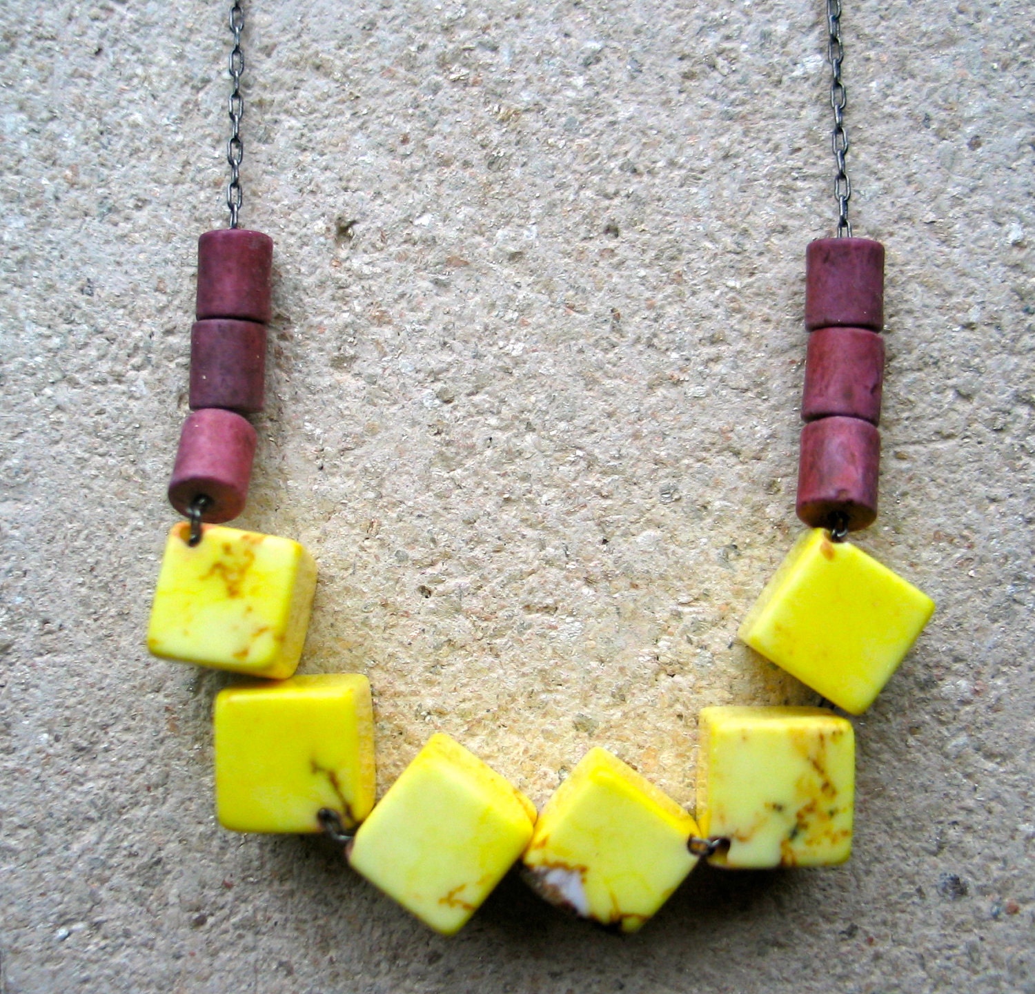yellow and cranberry geo beaded magnesite necklace
