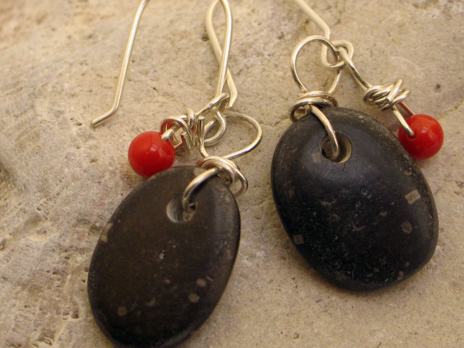 Basalt Criniod Fossil Beach Stones and Red Coral Earrings