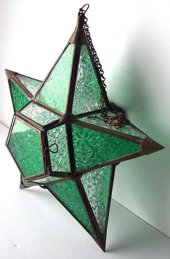Rustic Five Point  Green Star Lantern Room Decor Hanging Bali Green Plastic Soldered Metal