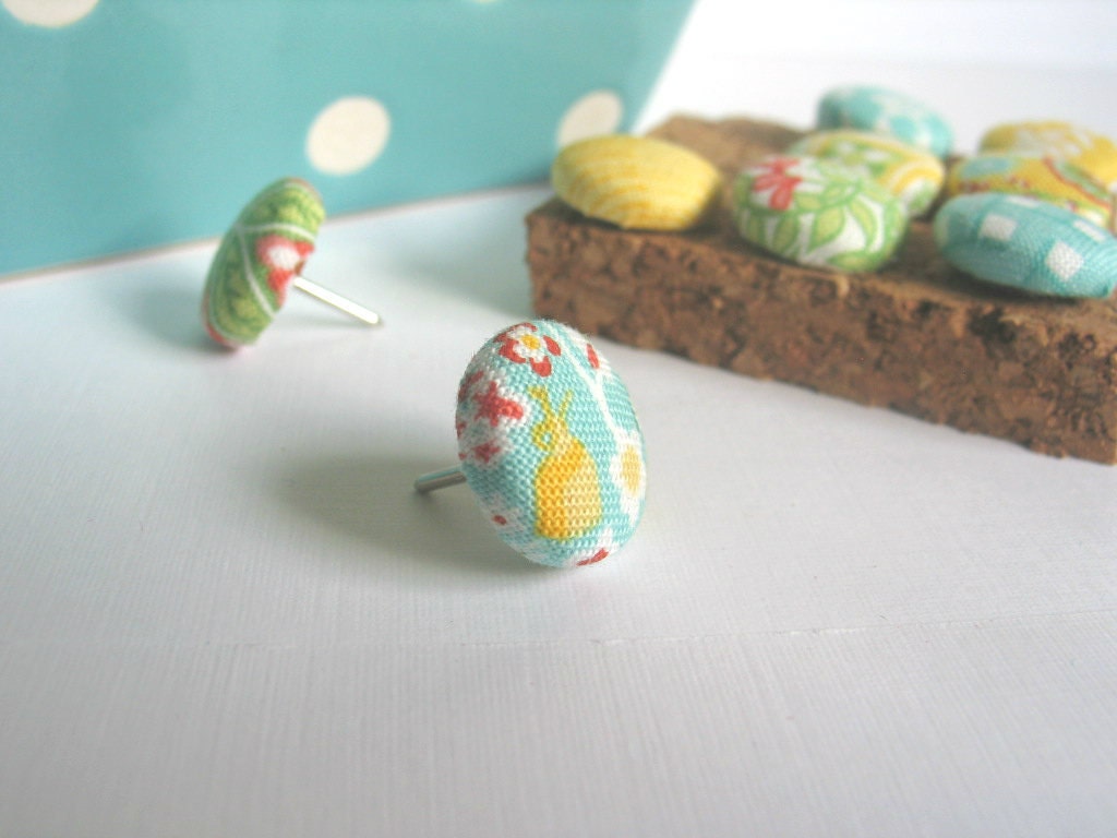 Spring Fresh - Set of 9 Fabric covered pushpins / thumbtacks / drawing pins