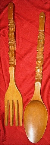 Mid-Century Vintage Hand-Carved Tiki/Totem Wooden Fork & Spoon Wall Decor from Philippines