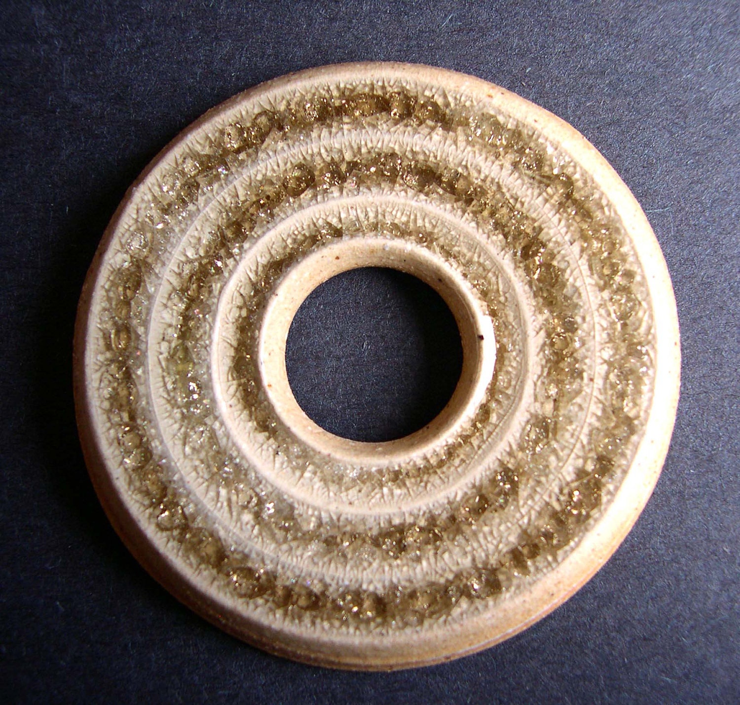 Golden Champagne Wheel Thrown Stoneware Clay and Fused Glass Pendant or Necklace