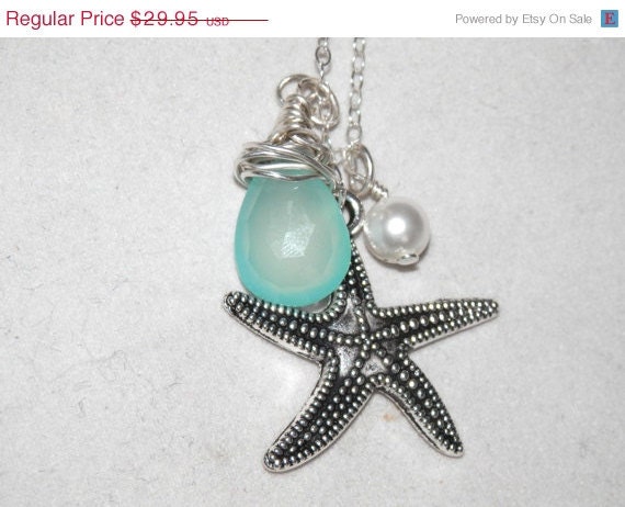 Sterling Silver Starfish Necklace with Pearl and Briolette, Summer Necklace, Nautical Necklace, Beach Necklace, Aquamarine, Pearl Necklace