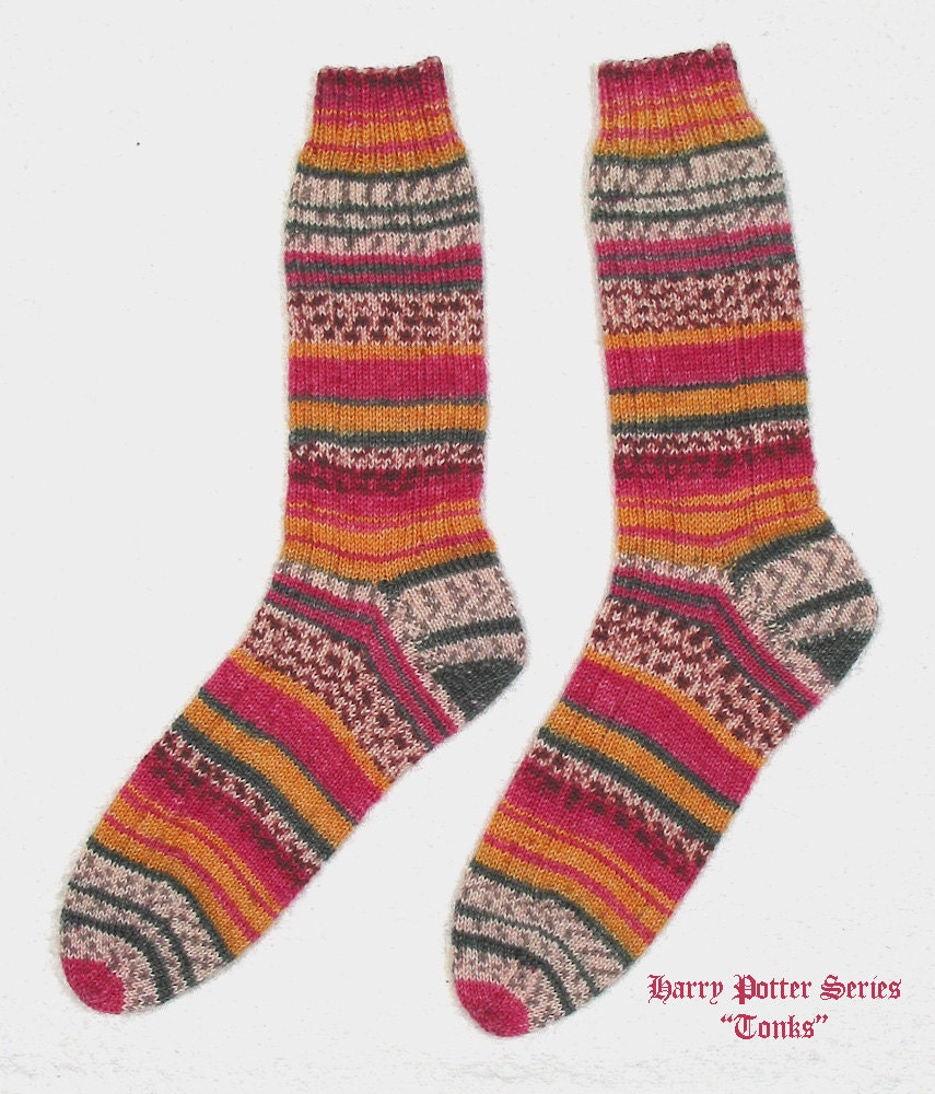 Ladies Hand Knit Socks Harry Potter Yarn - Medium Sz.- Colorful Superwash Wool - Soft and Warm -  FREE SHIPPING in U.S.