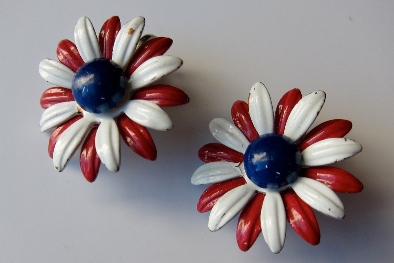 Vintage Earrings, Red, White and Blue