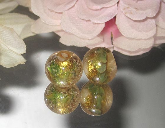 Handmade Lampwork Glass Round Bead Pair- Bastets Beads SRA- Green Gold