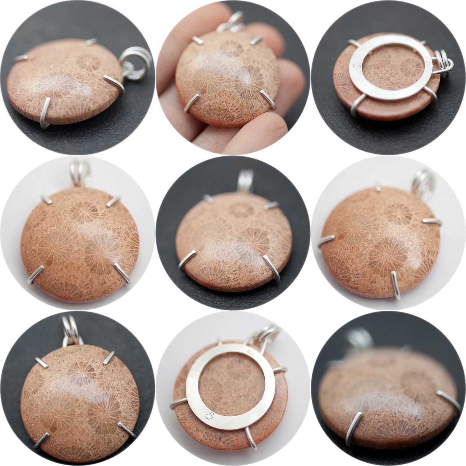 Fossil Coral in Claws Pendant - Your choice of stone
