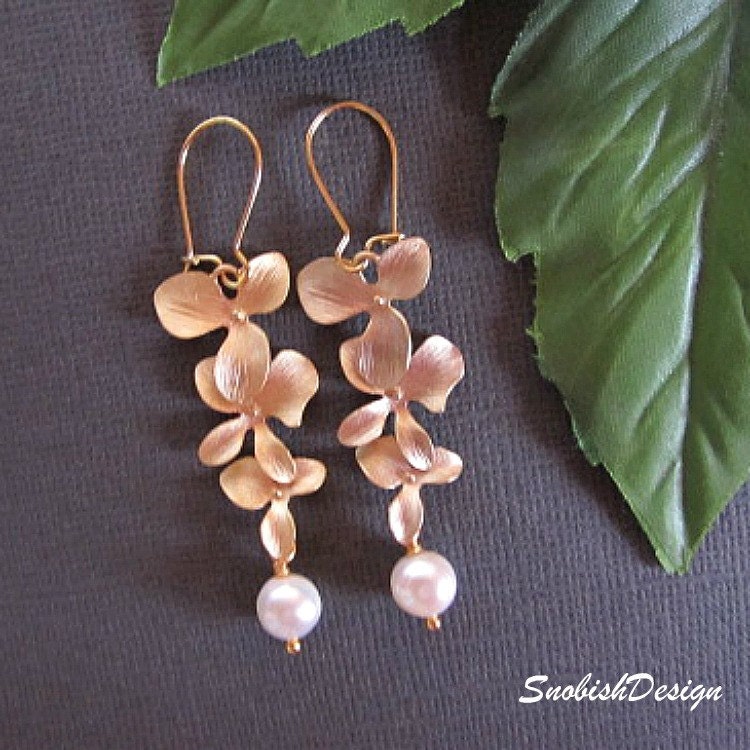Drop Earrings Orchid Flower Earrings Pearl by SnobishDesign Drop Earrings Orchid Flower Earrings Pearl by SnobishDesign