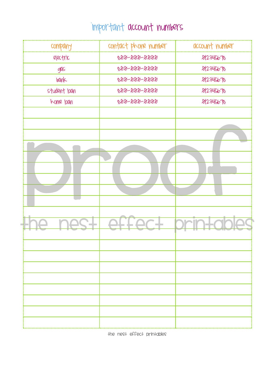 important account numbers - editable document