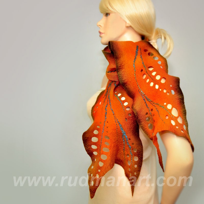 SPRING SALE 20% discount Felted Scarf Wool Silk Art hand dyed scarf Multicolor Orange Brown Rusty Turquoise
