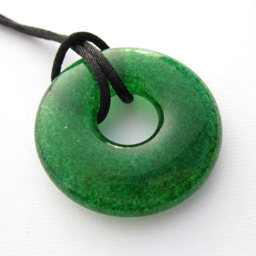 Glass Necklace,  Green Donut Fused Glass Necklace - Briar Patch - 3709