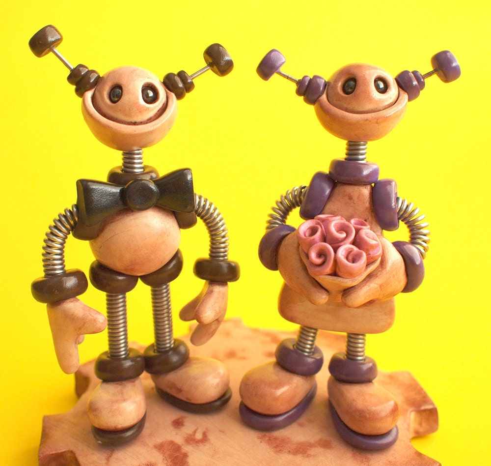 Rustic Wedding Cake Topper MADE TO ORDER Robot Bride and Groom 6 inch - Clay and Wire
