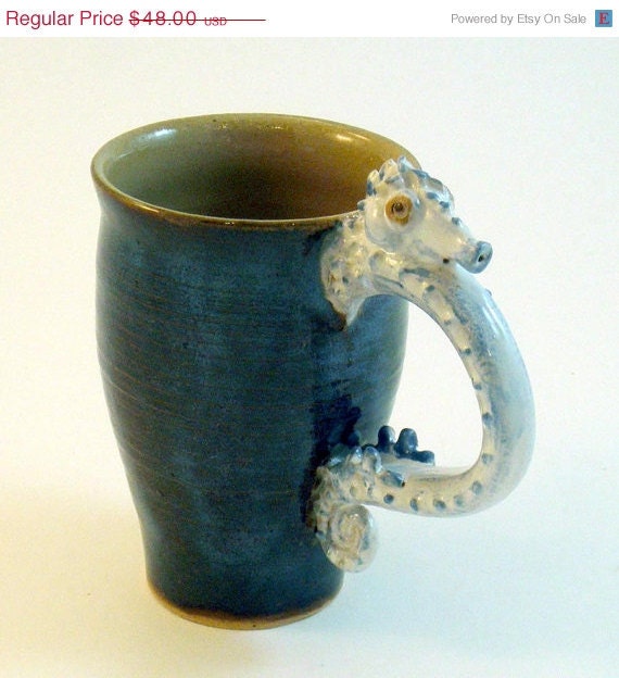 SALE Seahorse Mug- Brushed Blue Inky Brown and White Latte