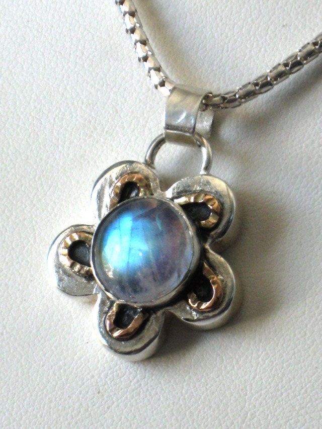 Moonstone Silver and Gold necklace. Flower pendant with sterling silver Chain