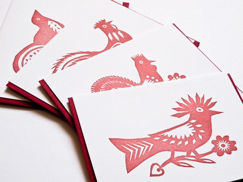 Polish Folk Art Letterpress Bird Card Set in Red