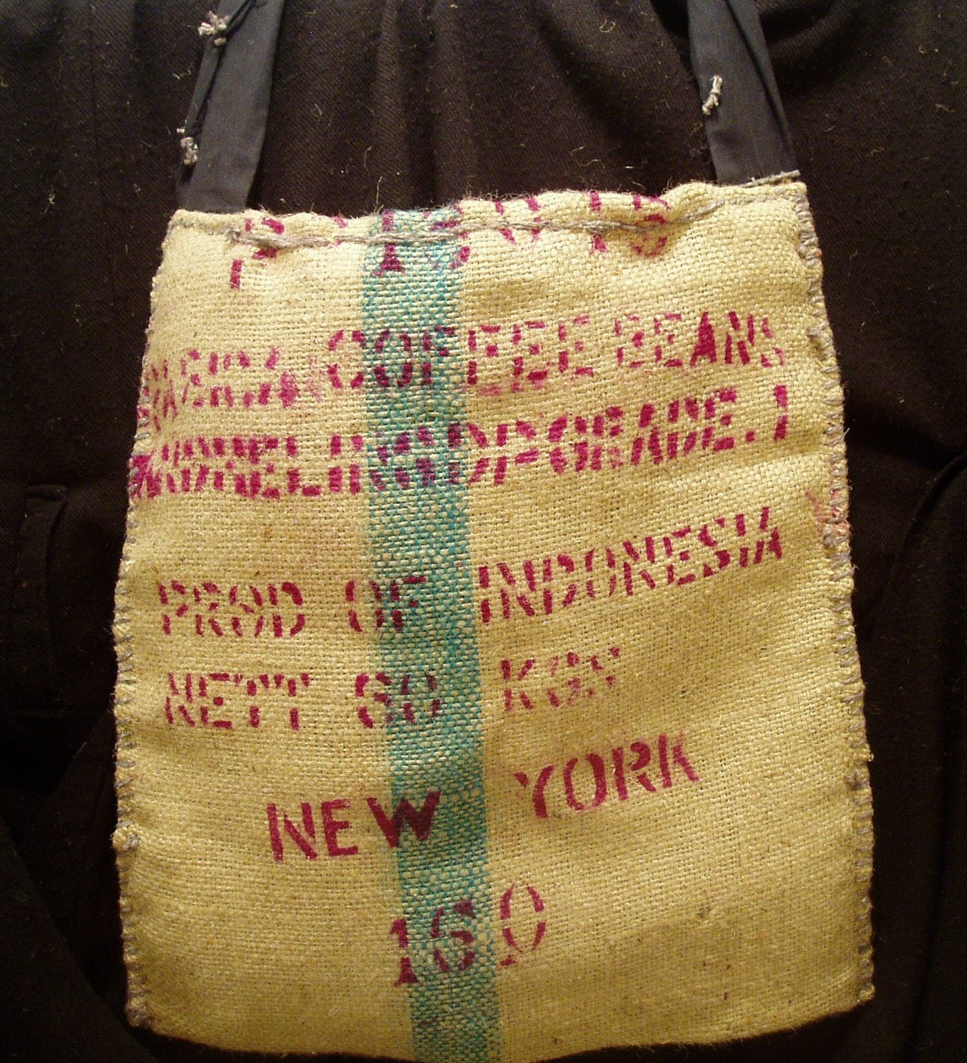 Recycled burlap coffee purse.