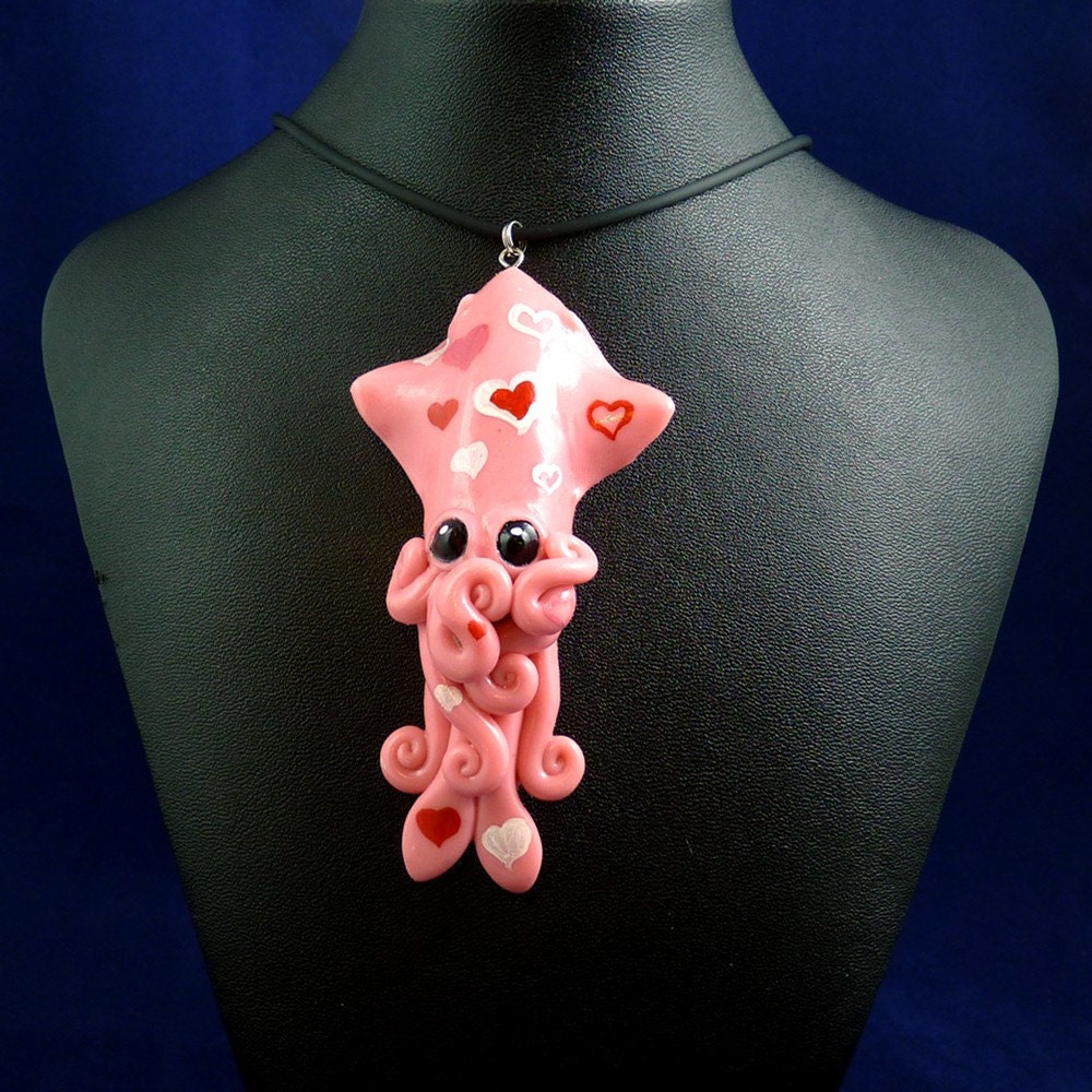 Squid Love Necklace - Polymer Clay Jewelry Pendant