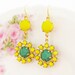 Vintage Apple Green and Lemon Yellow Rhinestone Jewel Flower Dangle Earrings
