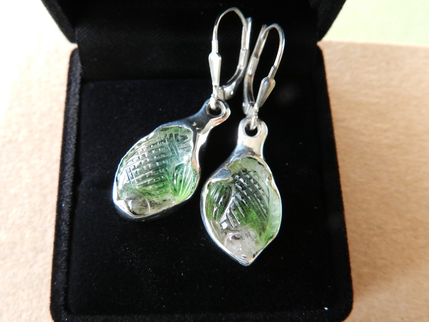 Sterling silver and carved watermelon tourmaline fish drop earrings