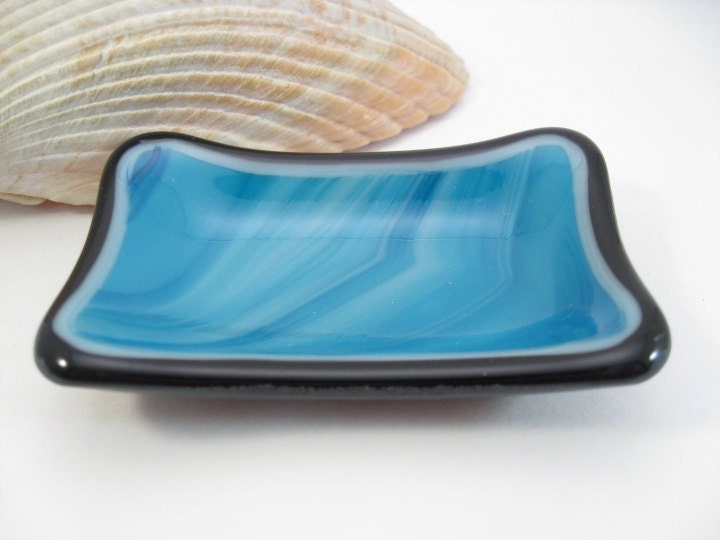 Small Blue Black Fused Glass Ring Dish