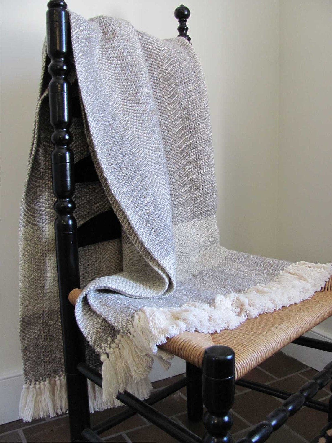 Gray Cotton Twill Hand Woven Blanket with Light Sage Borders for Rustic or Beach Cottage Home Decor