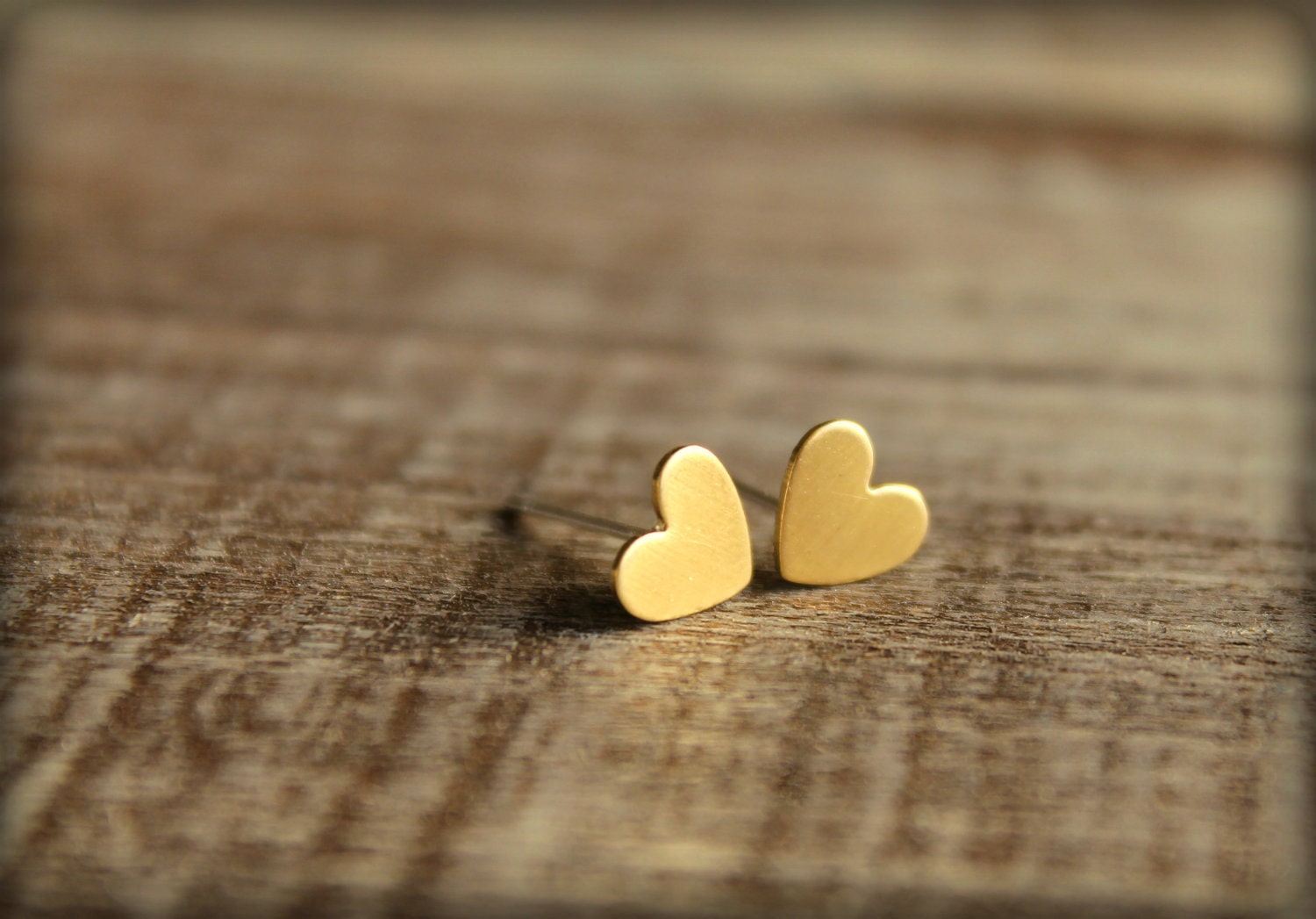Itty Bitty Heart Earring Studs in Raw Brass, Surgical Steel Posts
