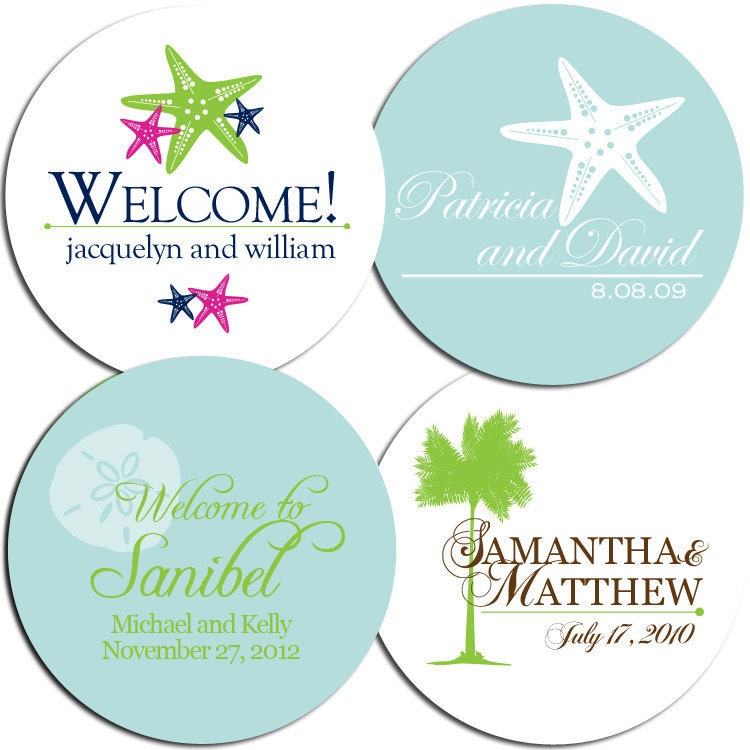Set of Custom Wedding Stickers - BEACHY, Starfish, Sand Dollar and Palm Tree