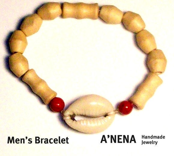 Mens Bracelet Neptune Genuine Coral, Cowrie Shell and Wood