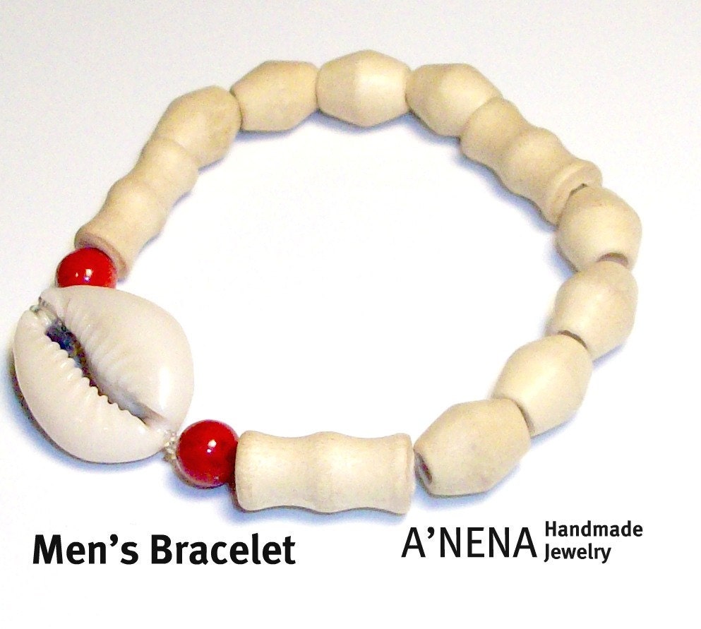 Mens Bracelet Neptune Genuine Coral, Cowrie Shell and Wood