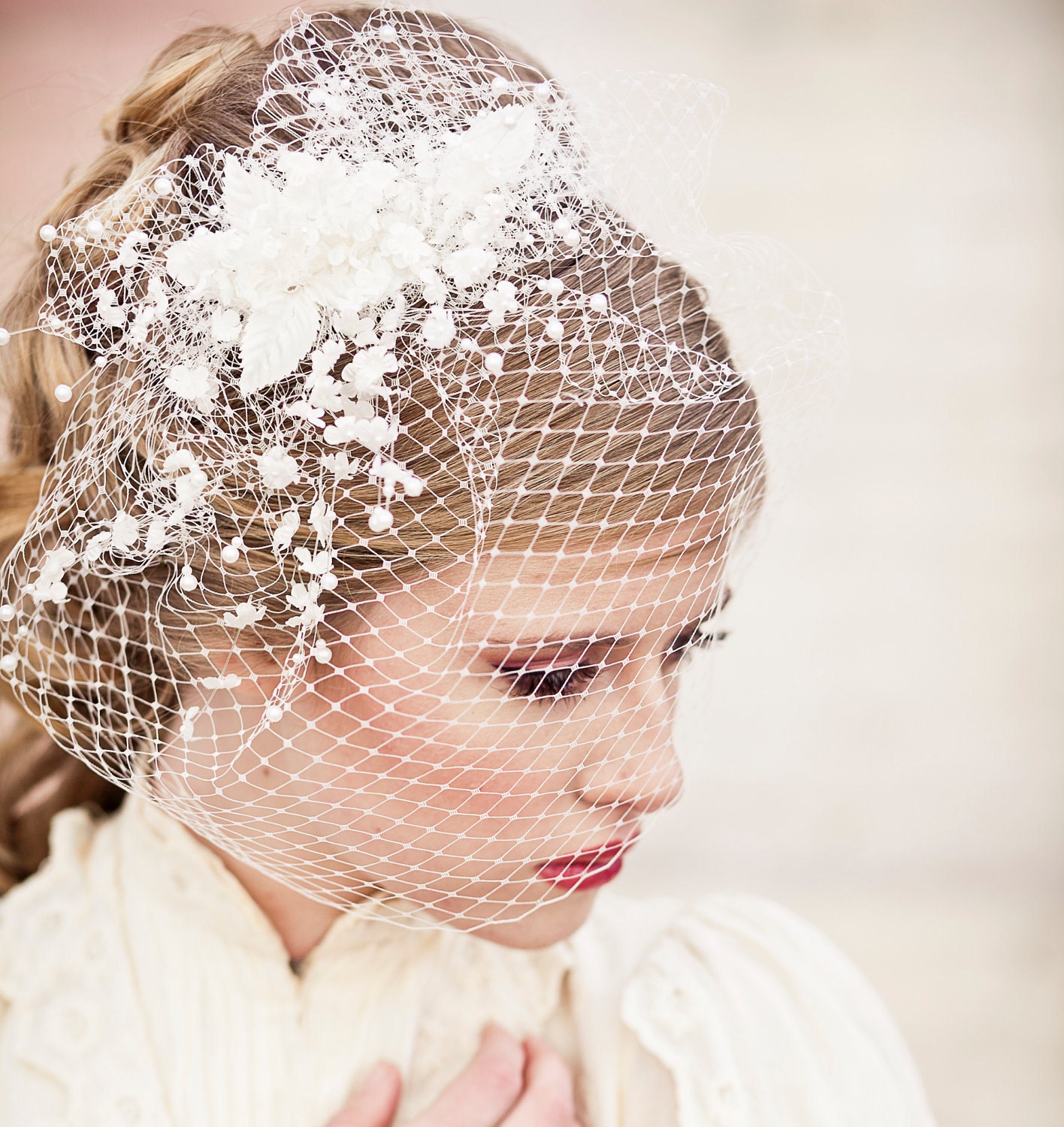birdcage veil with flower spray wedding headpiece
