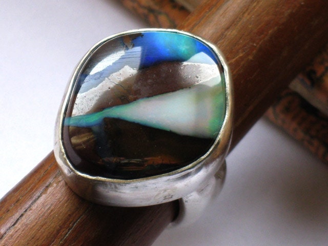 Multicolored Opal silver ring, handcrafted silver and Koroit Opal ring