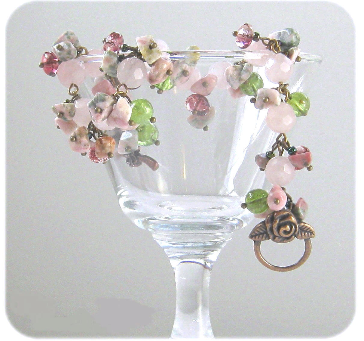 Gemstone Beaded Bracelet Pink Rose Quartz Green Peridot Spring Summer Fashion Jewelry