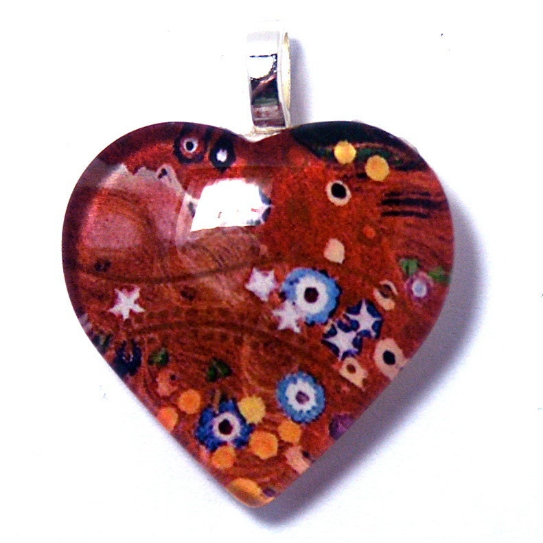 Heart Pendant Klimt Woman Red Hair Flowers