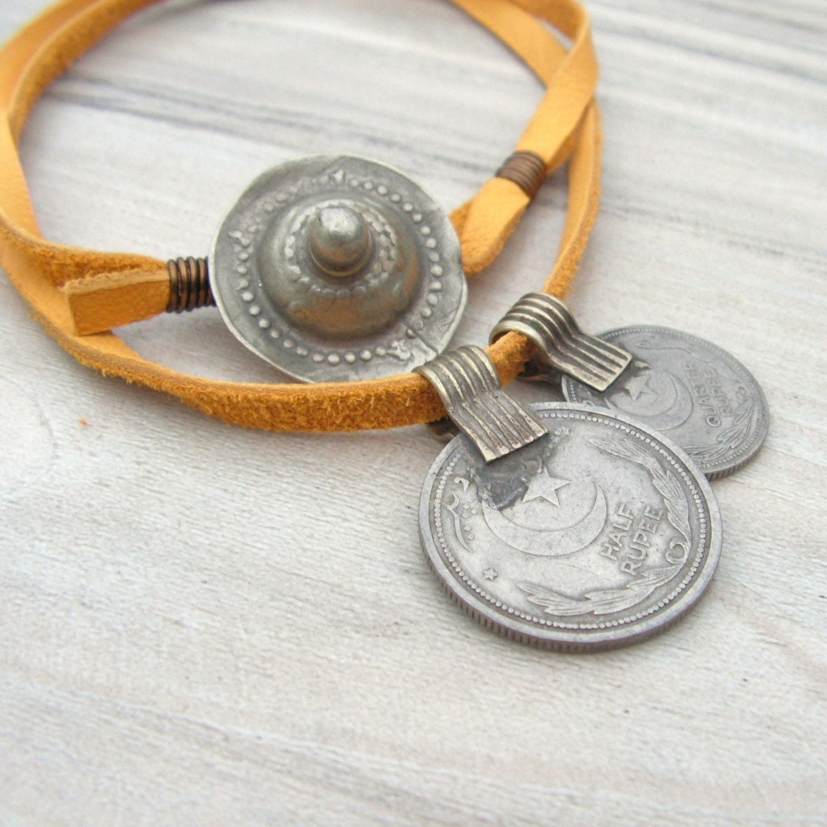 Celestial Coin Necklace - Vintage Tribal Gypsy Metalwork and Deerskin Necklace - Unisex
