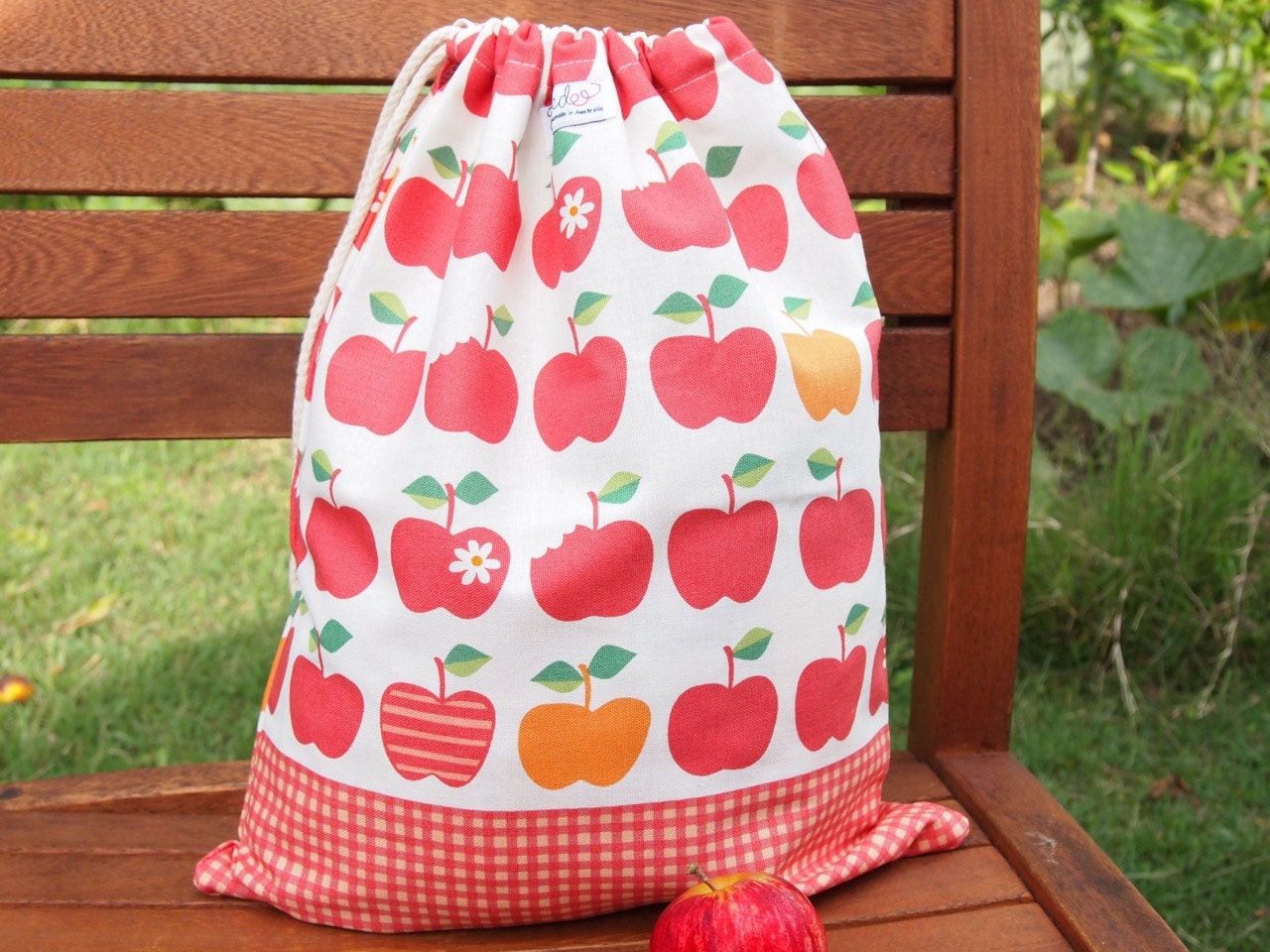 Large Drawstring Bag / Library Bag - Red Apples