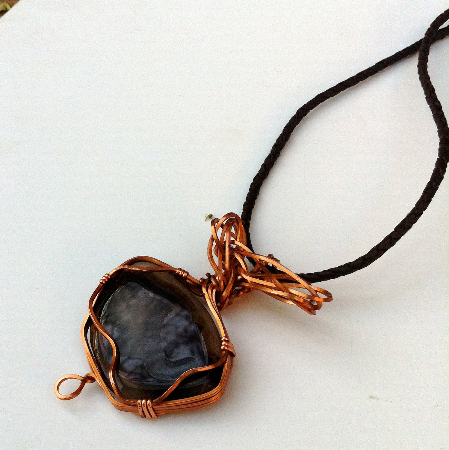 Wire Wrapped Copper Pendant Natural Stone Agate Necklace